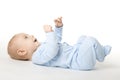 Baby Lying on Back, Happy Infant Kid Dressed in Blue Bodysuit