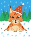 Baby lynx sitting in the snow in a Christmas hat on a background of forest