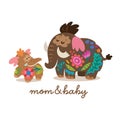 Baby mammoth is playing with mom. Sweet logotype Royalty Free Stock Photo