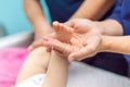 Baby massage closeup. Mother and child. Newborn.