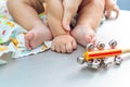 Baby massage closeup. Mother and child. Newborn.