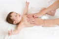 Baby massage. Mother massaging infant belly