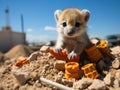 Baby meerkat on sandcastle in toy construction site