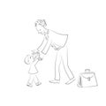 Baby meets dad, who came home from work. Vector sketch.