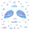 Baby milestone blanket with hand drawn blue watercolor wings