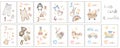 Baby milestone cards with hand-drawn watercolor kids toys illustrations and numbers. Newborn 1 to 12 months anniversary cards set Royalty Free Stock Photo