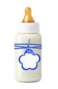 Baby milk bottle with blue bow and tag isolated on white Royalty Free Stock Photo