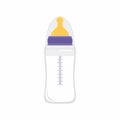 Baby milk bottle icon. Baby feed bottle isolated on white background. Baby bottle with nipple and segmentation. Vector flat