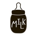 Baby milk bottle icon with hand lettering milk. black silhouette Royalty Free Stock Photo