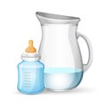 Baby milk bottle and jug with liquid on white