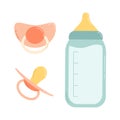 Baby milk bottle and pacifier. Flat vector isolated illustration Royalty Free Stock Photo