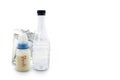 Baby milk in bottle , powder milk package,and water for baby,on Royalty Free Stock Photo