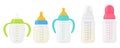 Baby milk bottle set, isolated on white background. Colorful bottles for feeding a newborn baby differents shape with pacifier