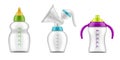 Baby milk bottles. Realistic plastic bottle with rubber pacifier, manual breast pump and drink container, newborn child