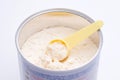 Baby milk powder in cans that open with a spoon Royalty Free Stock Photo
