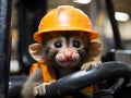 Baby monkey driving forklift in warehouse