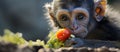 A baby monkey enjoys a snack of tomato and lettuce Royalty Free Stock Photo