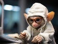 Baby monkey in glasses using tiny smartphone Royalty Free Stock Photo