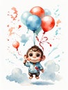 Baby monkey with red and blue balloons flying in blue sky. Royalty Free Stock Photo