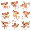 Baby monkey. Wild cartoon animals playing and eating banana vector characters of monkeys