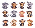 Baby monkeys cartoon set. Cute primates, animals, inhabitants of forests, jungles and tropics. Funny creatures, vector Royalty Free Stock Photo