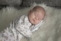 Baby 1 month sleeps on fur plaid. Portrait of a sleeping newborn baby girl boy soft focus Royalty Free Stock Photo