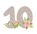 Baby monthly milestone, cute number 10 with flowers cartoon illustration.