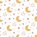 Baby moon night sky vector pattern for kids. Cute crescent stars, clouds seamless background.