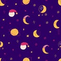 Baby moon pattern. Sleepy moon face. Night time dark background. Kids moon planet illustration.