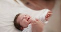 Baby, mother and playing on bed in nursery for bonding, love and support for child development. People, woman and Royalty Free Stock Photo