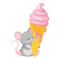 Baby mouse eating ice cream flat vector illustration