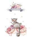 Baby Mouse lemur. Hand drawn cute watercolor cartoon mouse lemur on tree with jungle leaves on white background