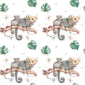 Baby Mouse lemur pattern. Hand drawn cute watercolor cartoon mouse lemur on tree with jungle leaves on white background