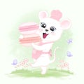 Baby Mouse with Macarons and cosmos flowers hand drawn animal watercolor illustration Royalty Free Stock Photo