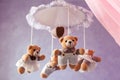 Baby music mobile carousel with little bears. Toy carousel, above the baby bed. Baby bedroom close up element Royalty Free Stock Photo