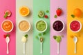 Baby Natural Food. Collage of healthy baby food on color background. Baby puree with vegetables and fruits Selective focus. cups Royalty Free Stock Photo