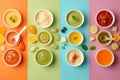 Baby Natural Food. Collage of healthy baby food on color background. Baby puree with vegetables and fruits Selective focus. cups Royalty Free Stock Photo