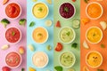 Baby Natural Food. Collage of healthy baby food on color background. Baby puree with vegetables and fruits Selective focus. cups Royalty Free Stock Photo