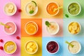 Baby Natural Food. Collage of healthy baby food on color background. Baby puree with vegetables and fruits Selective focus. cups Royalty Free Stock Photo