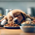 baby newborn dog is sleeping when eating. cute puppy close up