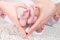 Baby newborn feet in mother and father hands in hearth shape Royalty Free Stock Photo