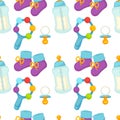 Baby newborn kid and pram perambulator seamless pattern vector.