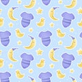 Baby night accessories, bodysuit clothes, toy rubber duck and half moon in a hat, vector seamless pattern Royalty Free Stock Photo