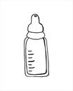 Baby nipple bottle doodle icon. Feeding bottle for newborn baby hand drawn. Vector clip art on a white isolated