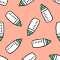 Baby nipple bottle seamless doodle pattern, vector illustration