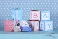 Baby nursery bootie, dummy pacifier and baby letters