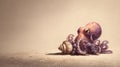 Baby Octopus Holding a Tiny Seashell in Soft Watercolor Light on Sandy Beach Background Royalty Free Stock Photo