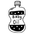 Baby oil bottle vector icon. Hand-drawn black doodle. Hygiene product outline for a newborn. Bubbled oil in a glass bottle with Royalty Free Stock Photo