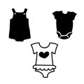 Baby Onesie vector illustrations. Simple black white illustration of children clothing. Set of sleepsuits hand drawn