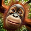 Baby orang-utan peers into viewpoint, in unique portrait